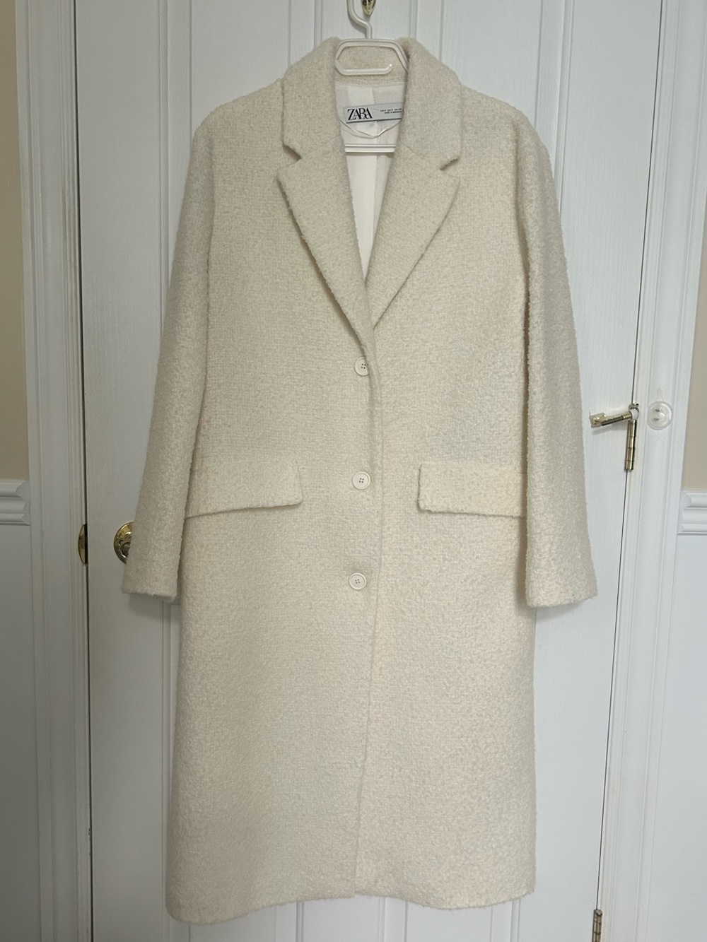 ZARA Women Bouclé Wool Blend Single-Breasted Long Trench Coat, Cream, Size Small